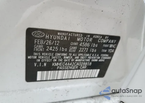 2012 Hyundai Sonata Hybrid z USA, uszkodzony, nr VIN KMHEC4A42CA028818